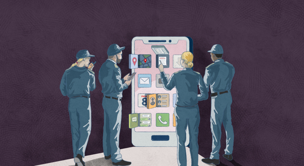 Illustration of four people looking into a phone.