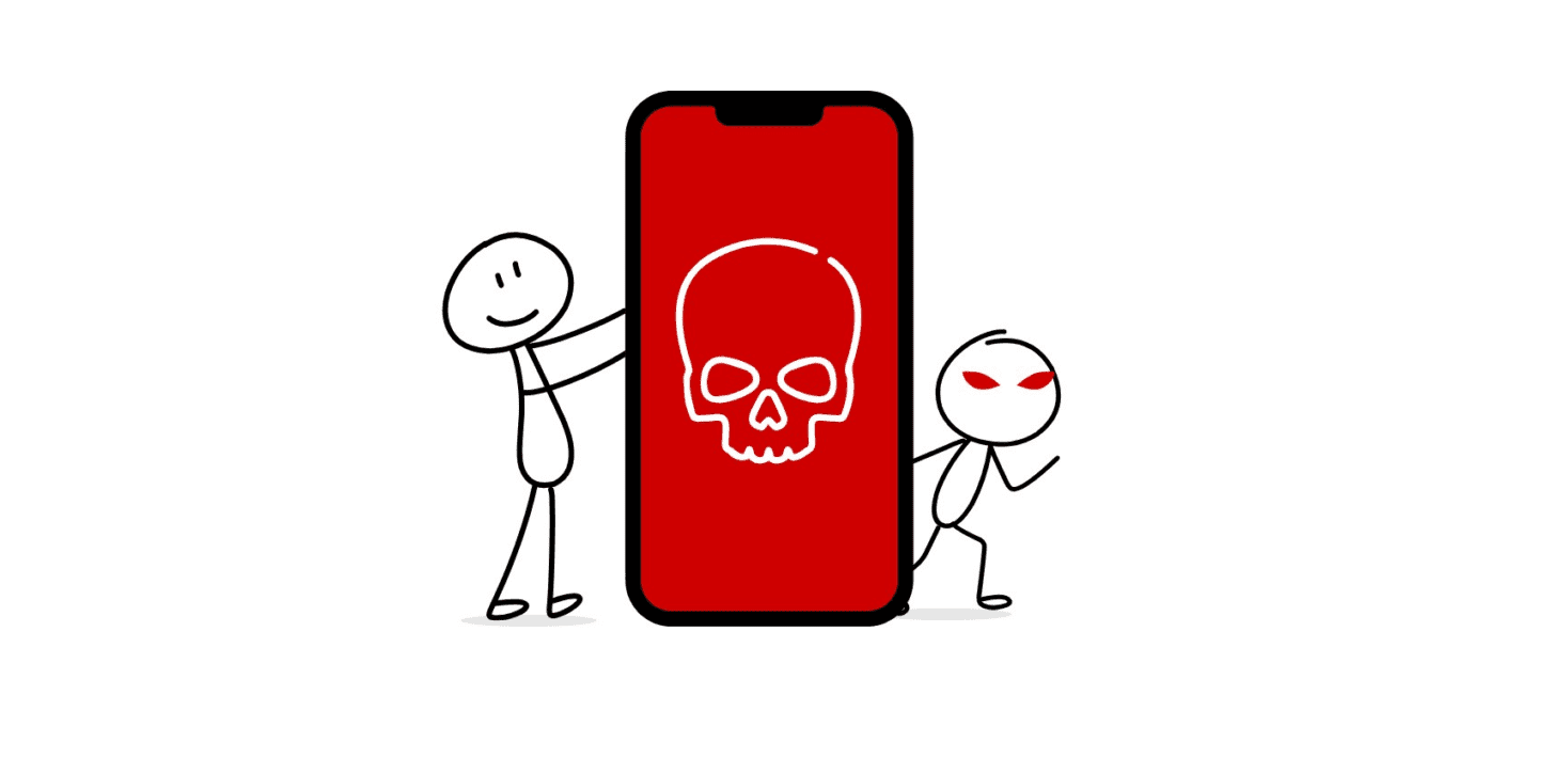 cartoon drawing showing two stickmen. One on the left is smiling, holding a mobile phone. the mobile phone has a red screen and ouotline of a white skeleton on it. Another stick figure is coming out of the phone on the right-hand side, with red, ominous eyes.