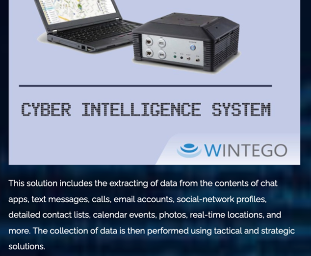 Screenshot from an archived version of the Ataka website with a description of their Wintego cyber intelligence system.