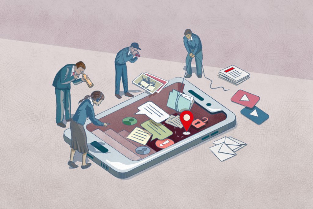 Illustration of four people looking at messages on a mobile phone.
