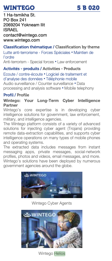 Screenshot from Milipol Paris catalogue of exhibitors 2019 showing a description of Wintego Systems Ltd