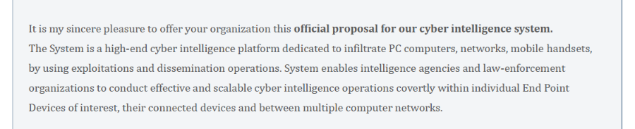 Screenshot of text from leaked Candiru proposal for a cyber intelligence system.