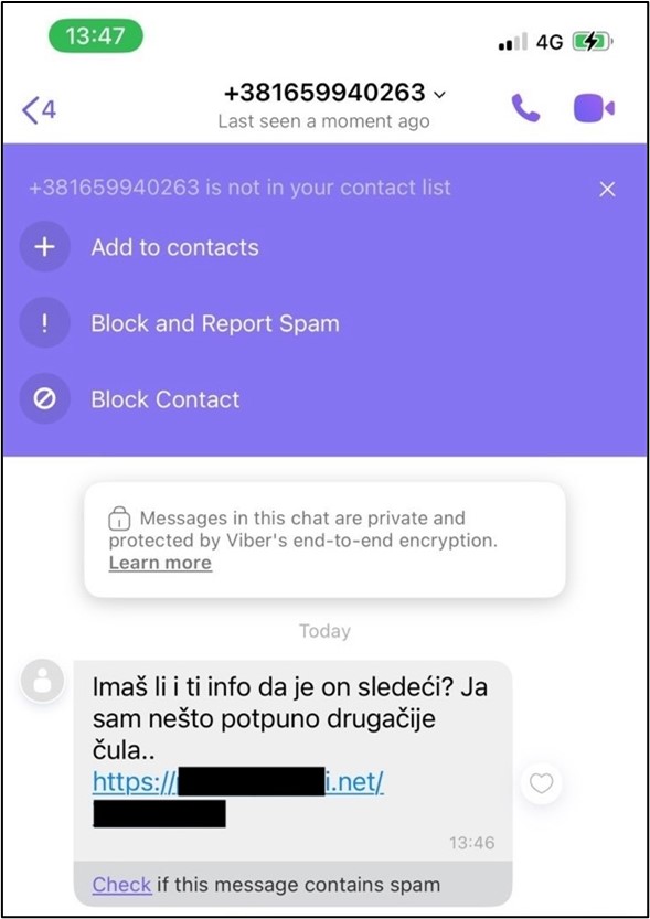 Screenshot of a Viber message received by “Bogdana” on her iPhone in Serbian.