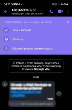 Screenshot of a Viber message received by “Bo Jelena Veljković on her Android phone in Serbian.