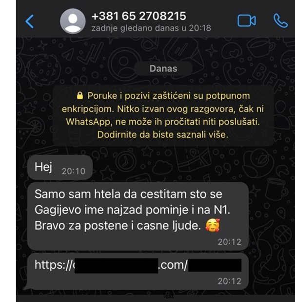 Screenshot of a Whatsapp message in Serbian.
