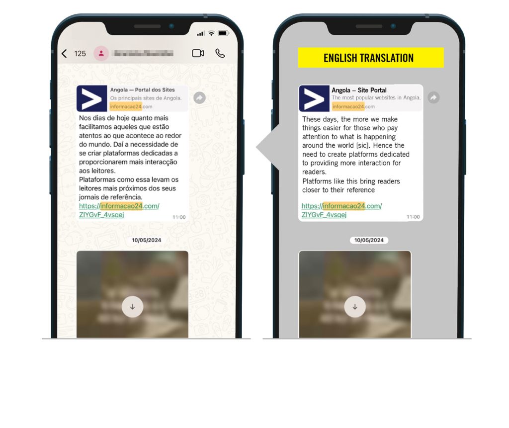A mobile phone containing a screenshot of WhatsApp messages in Portuguese.

The screenshot shows a message which translates to English as: “These days, the more we make things easier for those who pay attention to what is happening around the world [sic]. Hence the need to create platforms dedicated to providing more interaction for readers. Platforms like this bring readers closer to their reference newspapers”. The message also includes a malicious link seemingly connected to a news portal.