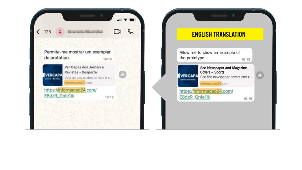 A mobile phone containing a screenshot of WhatsApp messages in Portuguese. 

The screenshot shows a message which translates to English as: “Allow me to show an example of the prototype”. A malicious link follows, showing a snippet seemingly linked to a news platform. 